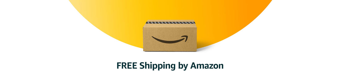 Amazon's Free Shipping Logo, image of the bottom of a gold circle, imposed by an Amazon shipping box with the grin logo and the words "free shipping by Amazon" beneath. This image is not our logo nor copyright..