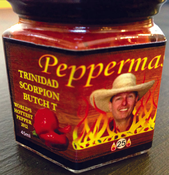 45 ml jar of Brooks Pepperfire Foods Inc.'s Trinidad Scorpion Butch T mash. 70%, pure fresh pepper, 30% fresh squeezed lime juice.