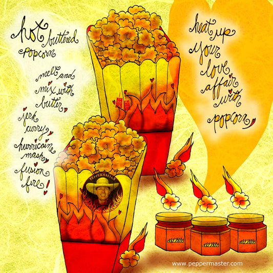 Graphic image of Peppermaster popcorn with logo and images of popcorn and peppermaster hot sauce drawn by Jennifer R Cook