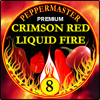 Text, Peppermaster Premium Crimson Red Liquid Fire above images of red fresno, habanero, jalapeno, and cherry bomb peppers encircled by flames  decorated with chili peppers