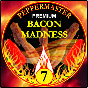 Peppermaster Premium Bacon Madness logo featuring a circular design with stylized flames, a heat level of 7, and the text 'Premium Bacon Madness.' The background showcases smoking jalapeno peppers and crispy bacon strips on the surface of the sun. 